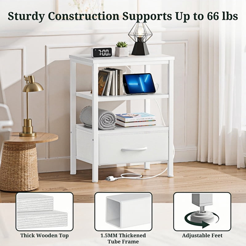 Kelno 2PCS Nightstand with Fabric Drawer Charging Station USB TypeC Outlets Small Bedside Table with Adjustable Shelf, White