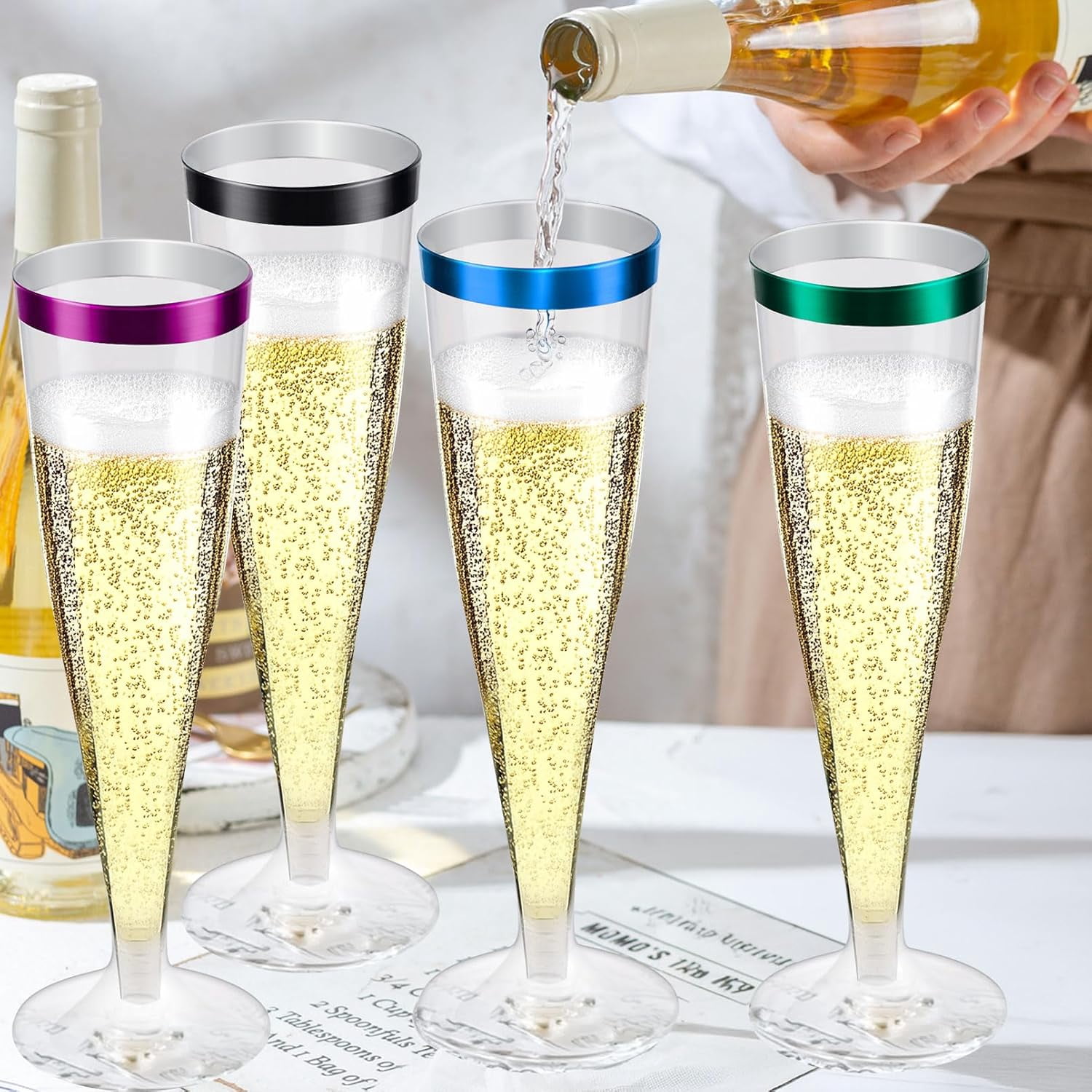 100 Pcs Plastic Champagne Flutes,4.5oz Plastic Champagne Glasses,Clear Disposable Champagne Flute,Plastic Toasting Glasses for Parties Wedding Drinking Party Cocktail Cups (Purple)