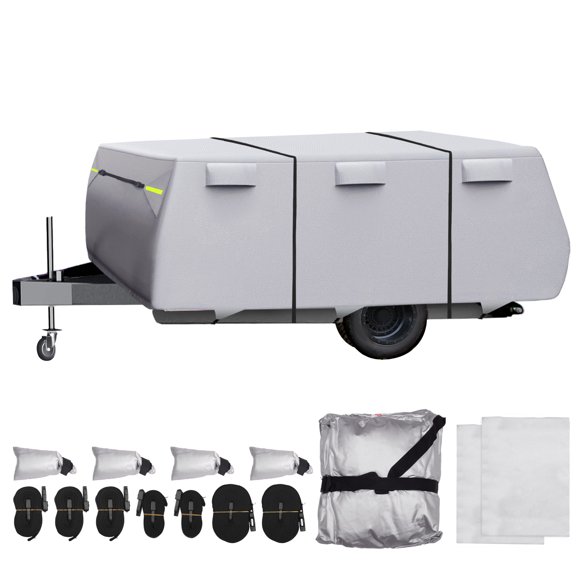 Unique Bargains Set Waterproof Camper Trailer Cover Fits 12'-14' RV Cover Anti-UV with 3 2 Straps Silver Tone