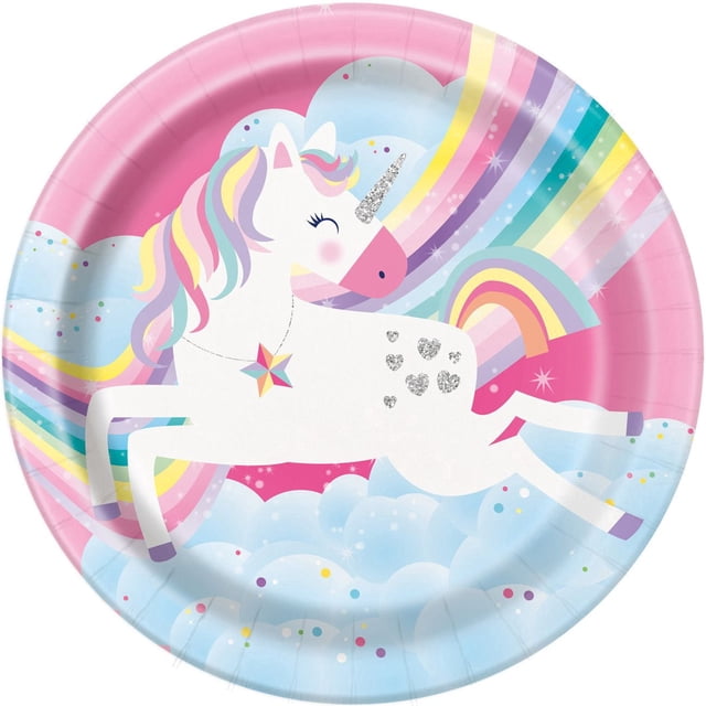Unique's Pink Rainbow Unicorn 7" Round Paper Plates, 8ct