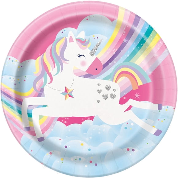 Unique's Pink Rainbow Unicorn 7" Round Paper Plates, 8ct