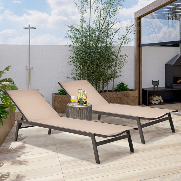 Costway 2 PCS Patio Lounge Chair Chaise Recliner Back Adjustable Garden Brown