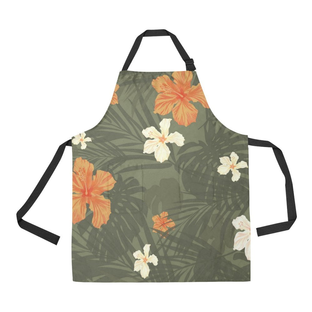 ASHLEIGH Summer Camouflage Hawaiian Flower Adjustable Bib Apron with Pockets for Women and Men Adjustable Black Neck Strap Kitchen Apron for Cooking, Grill and Baking?