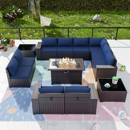 Gotland 13 Pieces Outdoor Patio Furniture with 43 50000BTU Gas Propane Fire Pit Table PE Wicker Rattan Sectional Sofa Patio Conversation Sets Navy blue