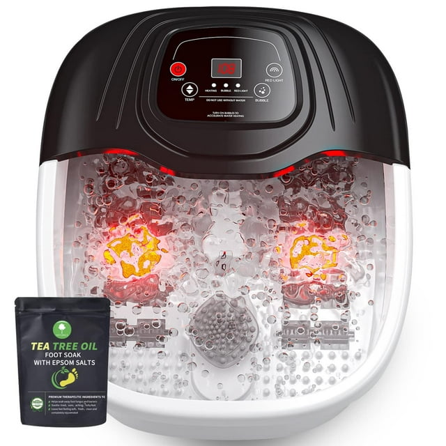 Masajeador de Baño para Pies con Calor y Burbuja, 8 Rodillos de Masaje, Sal de Epsom, Luz Roja y Vib