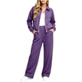 thumbnail image 2 of VBTAPA Fall Tracksuits for Women Lapel Collar Zip Up Jacket and Wide Leg Pants Sweatsuits 2 Piece Set Fashion Casual Sports Outfits L, 2 of 7