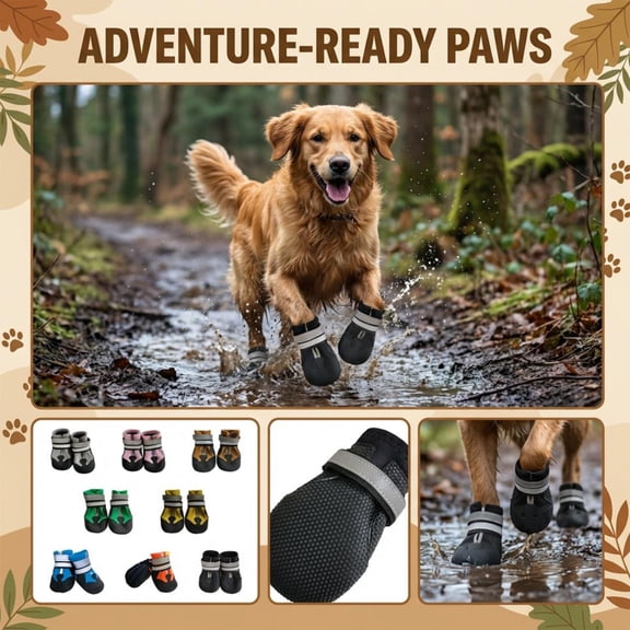 L Size, Pack Of 4 Non-Slip Waterproof Dog Boots, Rugged & Durable Sole, Outdoor Protective Paw Shoes, Green, For Medium & Large Dogs, Ideal For Hiking, Walking In Rain, Muddy