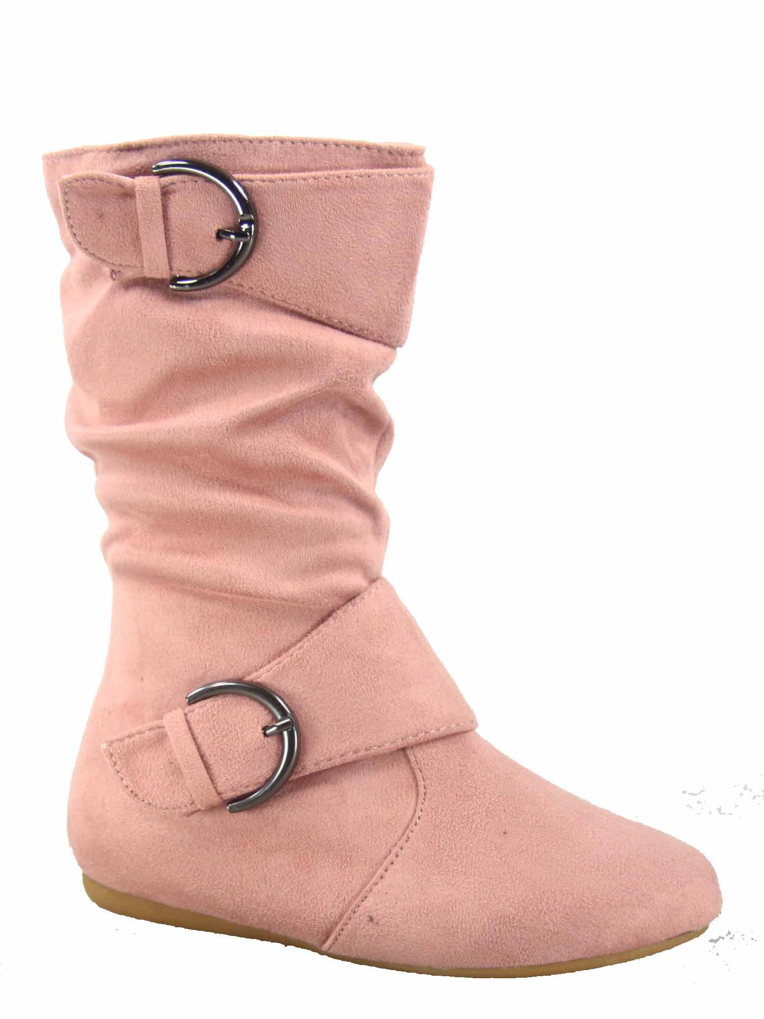 Link Klein-70K Girl's Kid's Faux Suede Two Buckle Zipper Flat Heel Mid Calf Slouchy Boot Shoes 