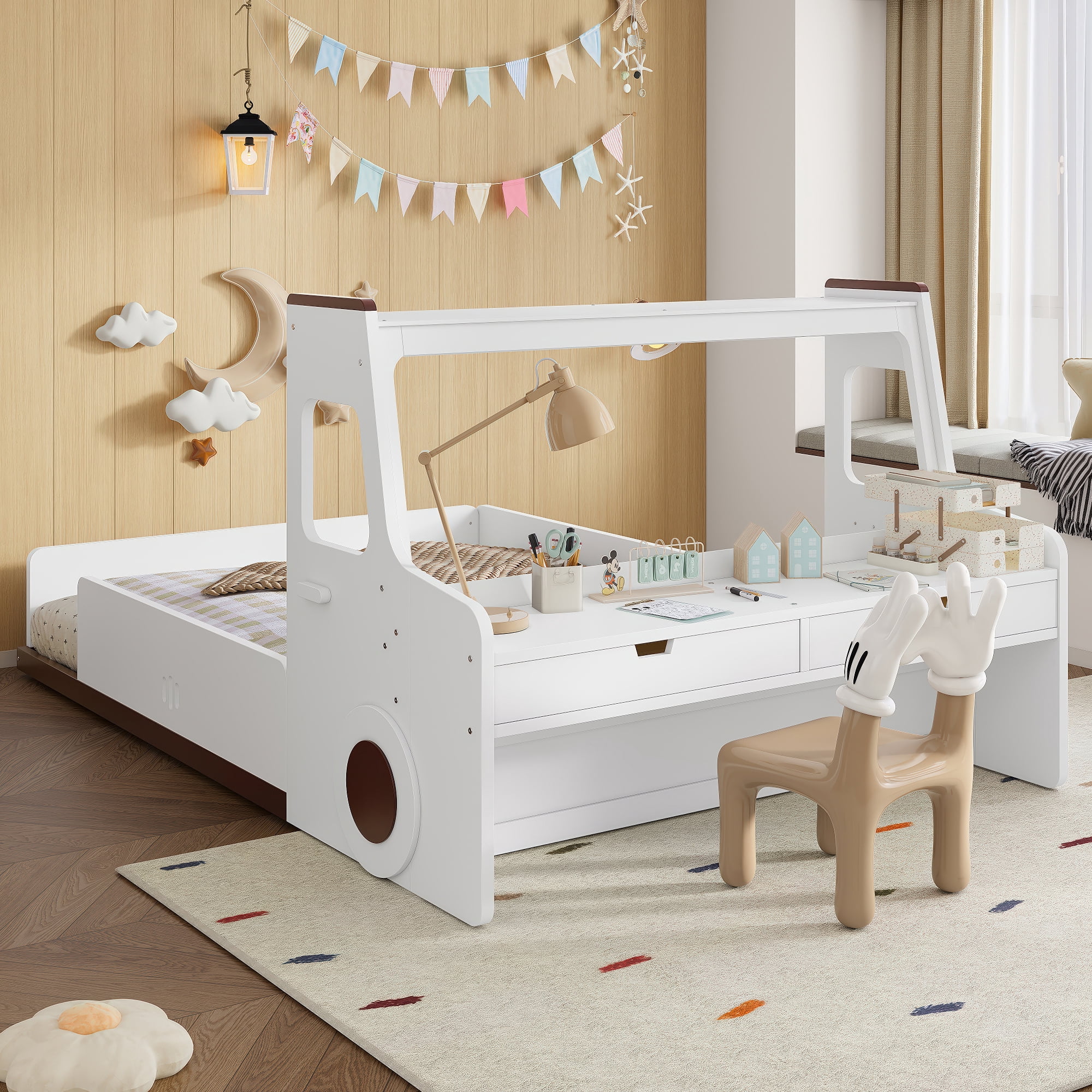 Eyisean Full Size Wooden Low Platform Floor Bed Frame with Fun Car-Shape & 2 Storage Drawers, Multi-functional Durable Race Car Beds with Desk Area, Easy Assembly for Bedroom, Apartment