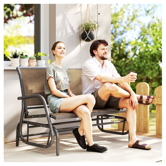 2-Person Outdoor Glider Bench, Patio Swing Loveseat, Steel Frame Rocking Chair for Yard, Porch - Light Mixed Brown