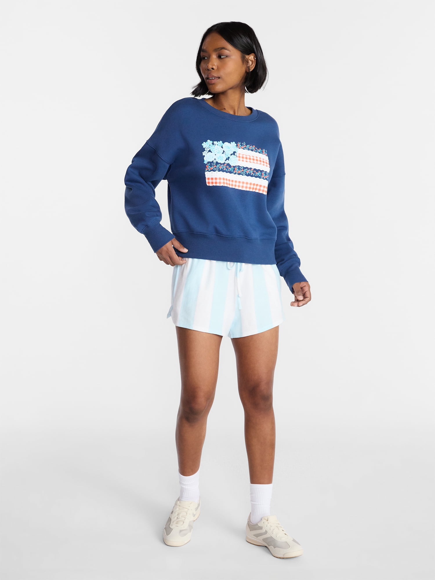 No Boundaries Boxy Americana Sweatshirt with Long Sleeves, Women's XXS-4X