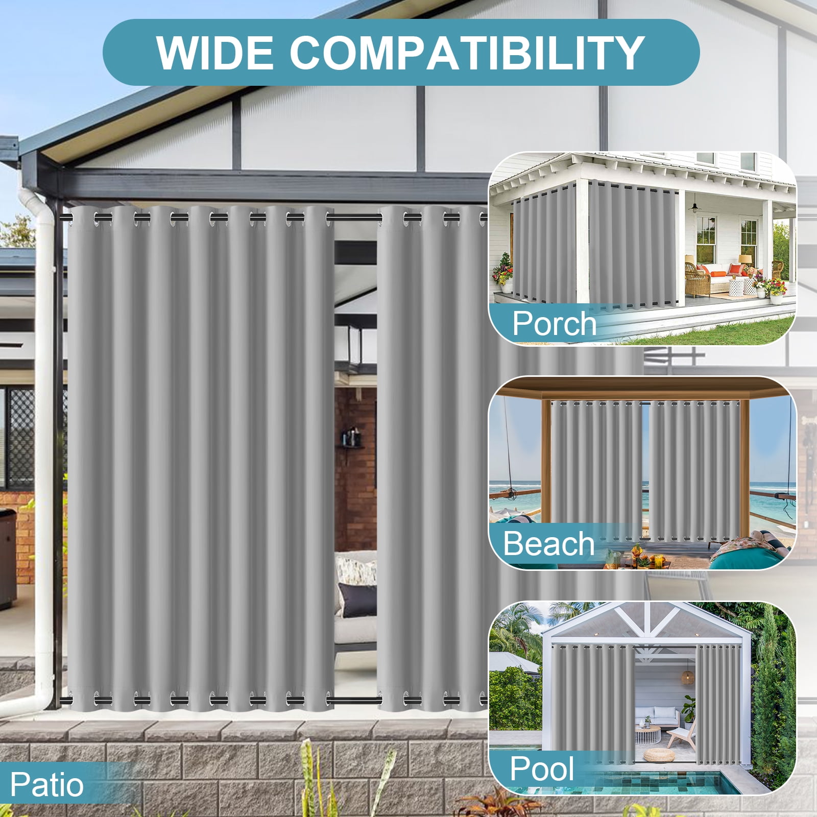 DONGPAI 100" Wide Outdoor Curtains for Patio Waterproof Blackout Privacy UV Resistant with Top and Bottom Grommet for Porch, Gazebo, Pergola, 100"x 84", Gray, 1 Panel