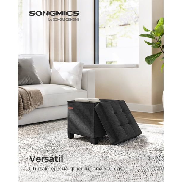 SONGMICS Puff Almancenaje, Banco Almacenamiento, 38 x 38 x 40 cm, Taburete con Reposapiés, para Salón, Dormitorio, Negro Tinta