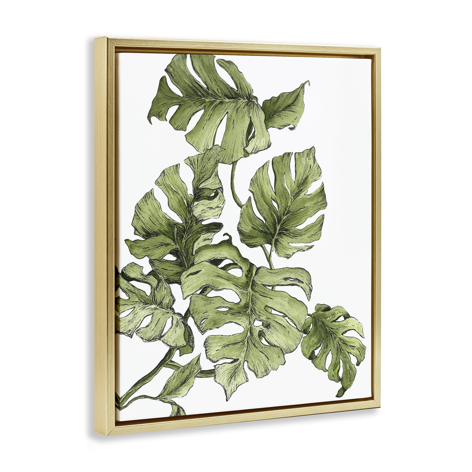 Stupell Industries Falling Monstera Leaves Botanical & Floral Painting Gold Floater Framed Art Print Wall Art, 17 x 21