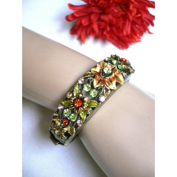 Women Antique Rusty Gold Cuff Flower Garden Rhinestones Skinny Fashion Bracelet