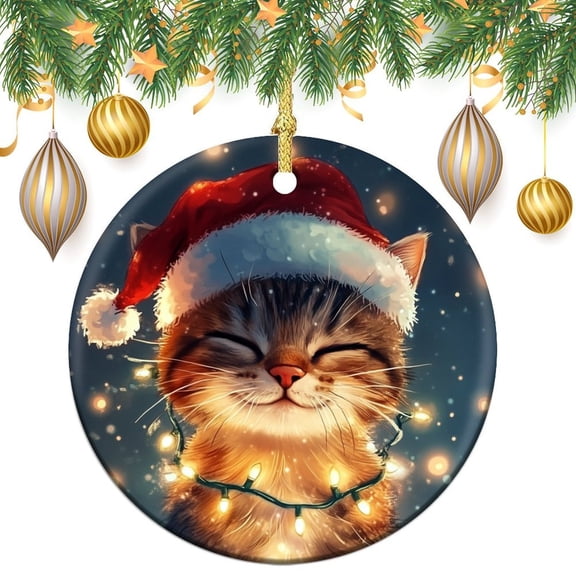 Ceramics Ornaments Cat Wearing Santa Hat & Colorful Lights 3" Circle Ceramic Ornament Christmas Cat Personalized Christmas Ornaments Gifts for Women Men On Christmas