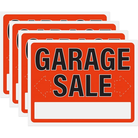 4pk Garage Sale Signs | Large Weatherproof Plastic Signs with Fill In Arrows and Address Input Area for Easy Naviagation to Your Garage Sale, 14" x 11"
