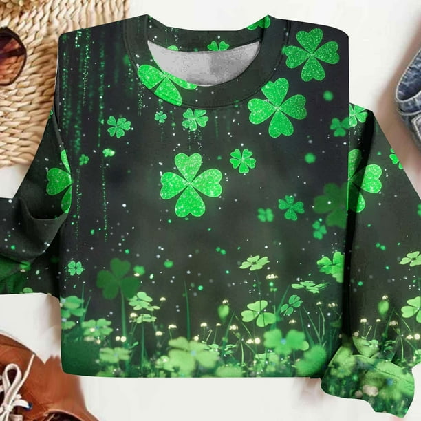 Xuyuer St. Patrick's Day Sweatshirt for Women Irish Shamrock Pullover Shirts Tops Raglan Sleeve Lucky Leaf Clover Shirt Women St. Patrick's Day Sweatshirts