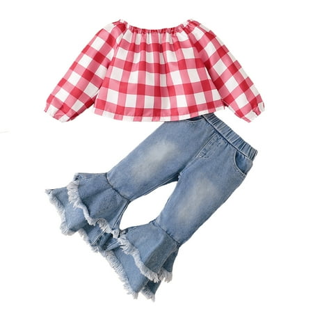 

KIMI BEAR Infant Baby Girls Outfits 12 Months Infant Girls Autumn Outfits 18 Months Infant Girls Sweet Off shoulder Polka-dot Long Sleeve Top + Denim Flared Pants 2PCs Set Red