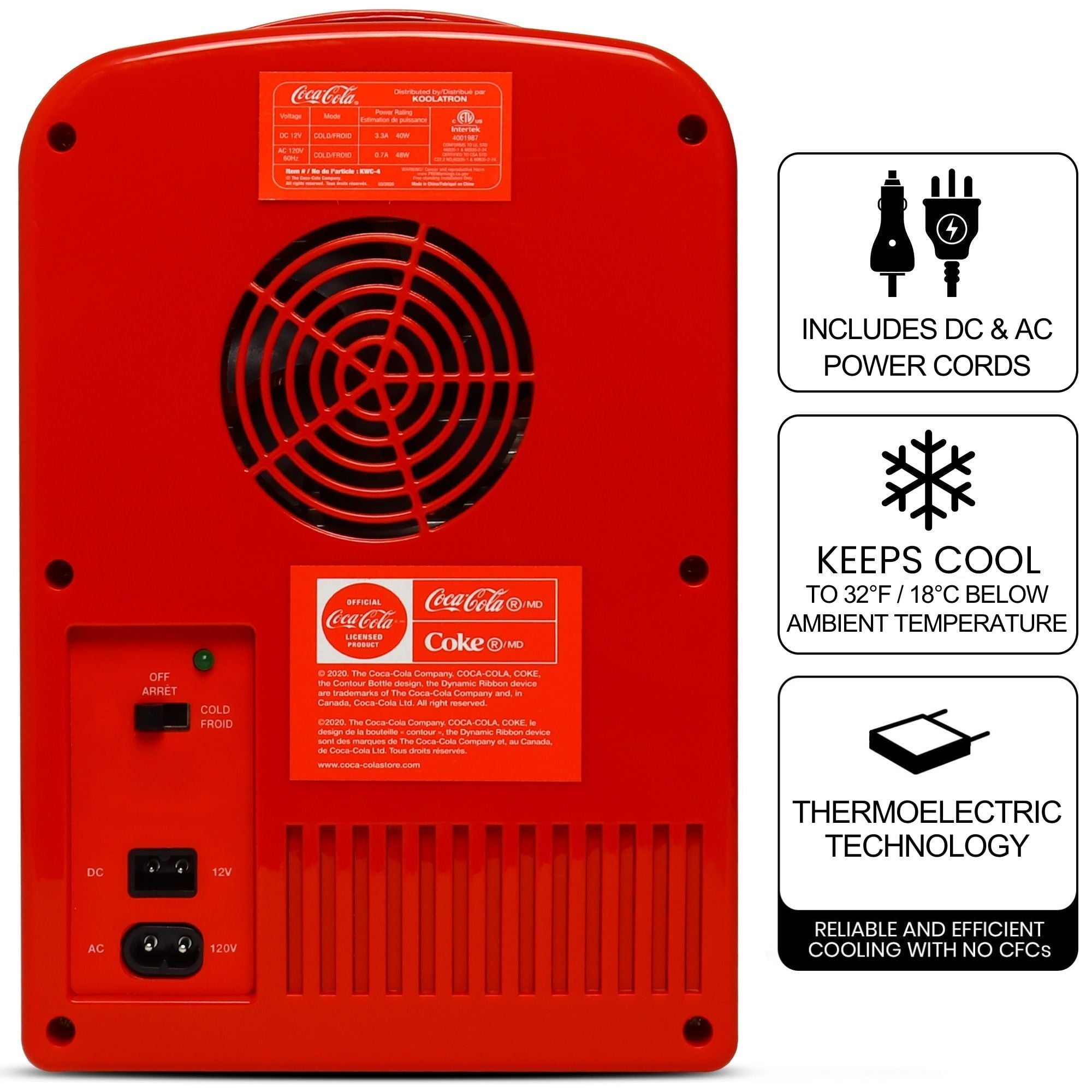 Coca-Cola Classic 4L Mini Fridge, Portable Cooler for 6 Cans, Includes 12V DC & 110V AC Cords, Red Bottle Design, for Home, Office, Dorm, Travel
