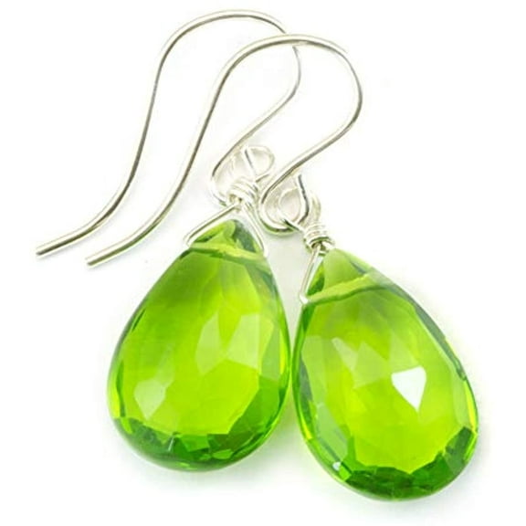 Sterling Silver Green Simulated Peridot Earrings Teardrops Faceted Pear Shape Simple Lightweight Drops Designed for Adult Women