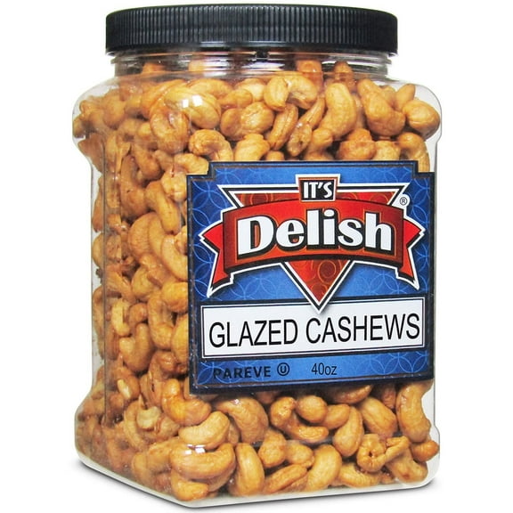 Gourmet Glazed Cashews by Its Delish, 30 Oz Jumbo Reusable Container Jar  Bulk Nuts, Vegan, Kosher, Non-GMO, No Artificial Flavors  Healthy Protein-Packed Lightly Sweetened Cashews Filberts for...
