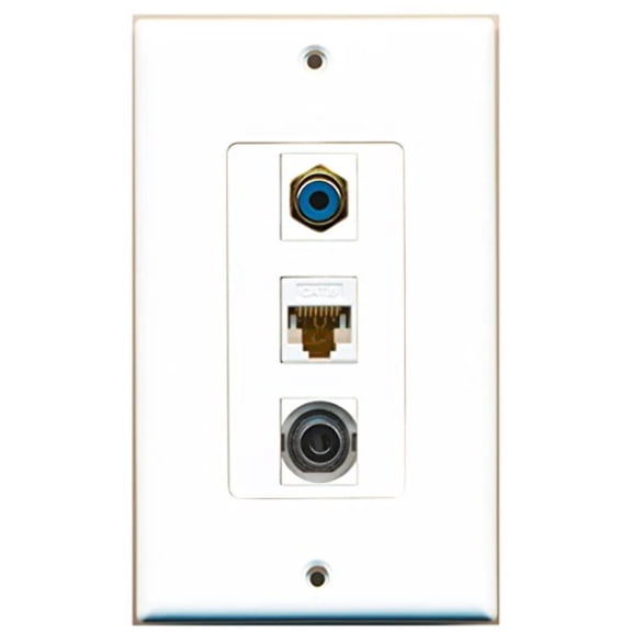 RiteAV - 1 Port RCA Blue and 1 Port 3.5mm and 1 Port Cat6 Ethernet White Decorative Wall Plate Decorative
