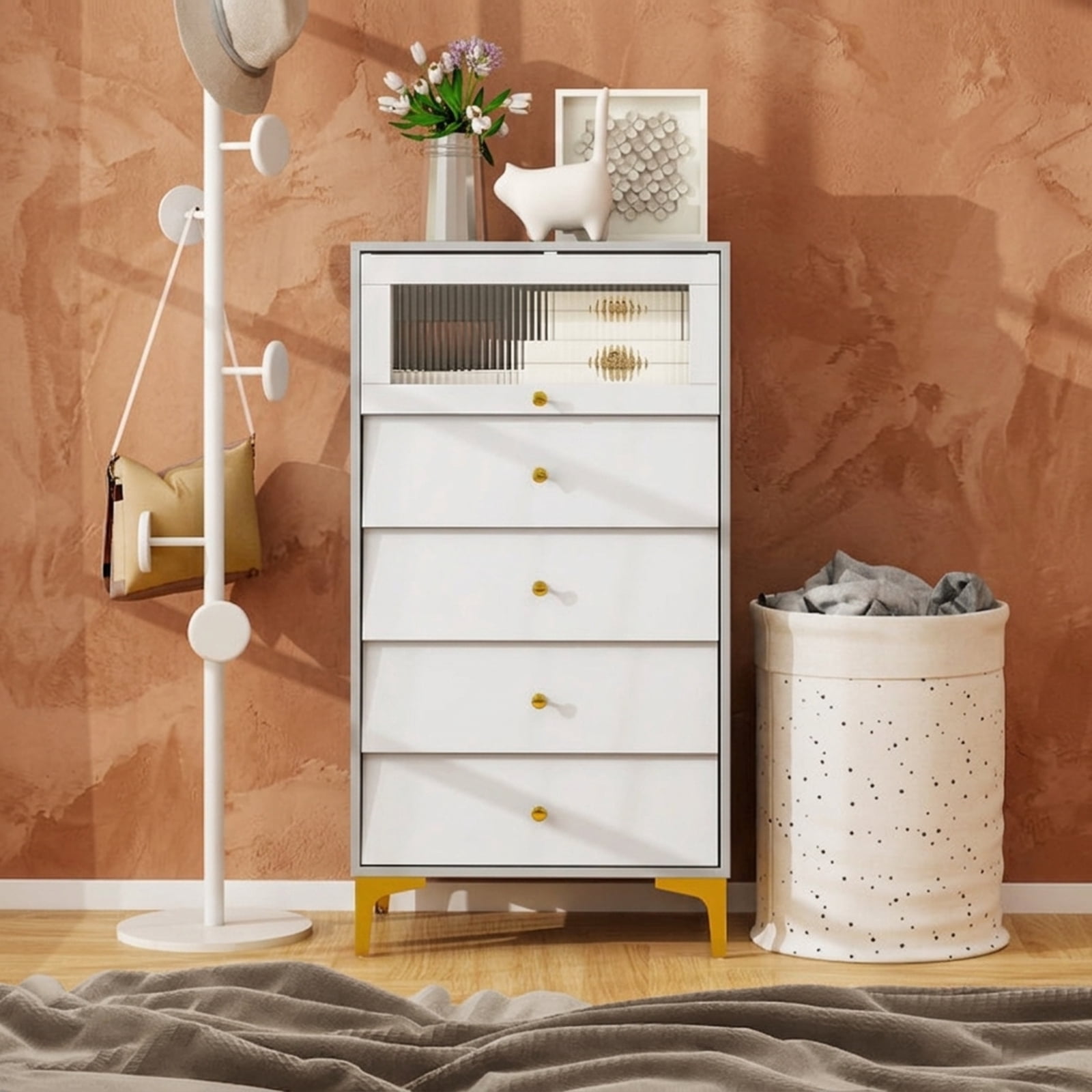 Furnibear 4 Drawer Accent Storage Cabinet with Flip Up Fluted Glass Door and Modern Drawers for Bedroom Living Room and Entryway, Gray