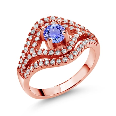 Gem Stone King 1.21 Ct Round Blue Tanzanite 18K Rose Gold Plated Silver Ring