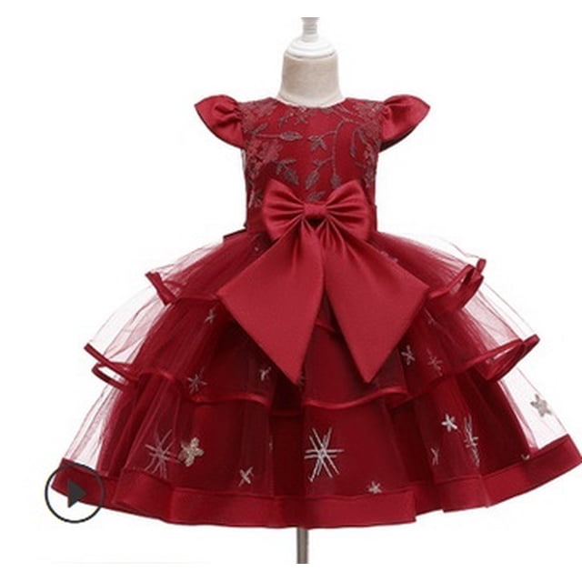 Filles Doux à Manches Courtes Robe d'Été Mode Brodé Grand Arc Taille Haute Enfants Princesse Robe