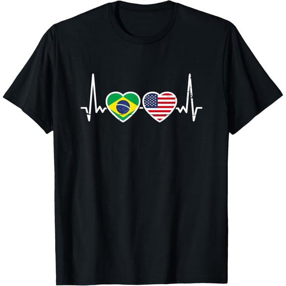 men and women can wear,Brazil USA Vintage Heartbeat American Brazilian Flag T-Shirt