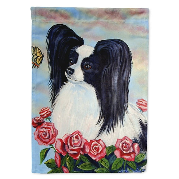 Black and White Papillon in Roses Garden Flag