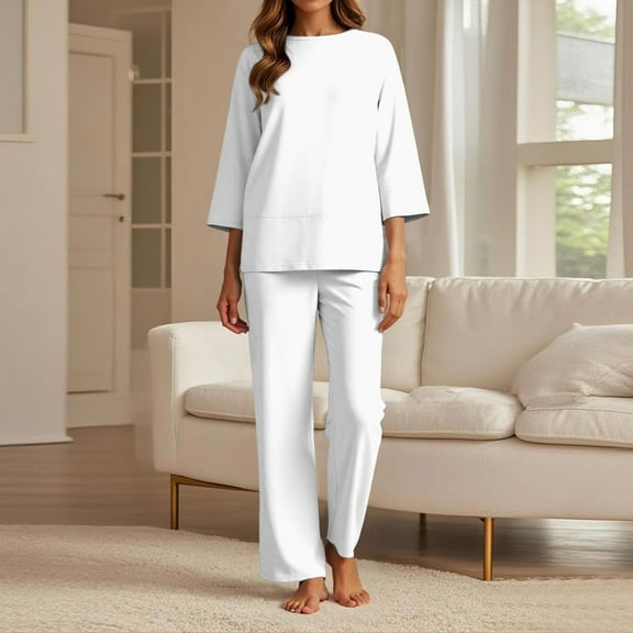 Women's Casual Trousers Suit Set Comfortable Round Neck Long Pants Outfit For Daily Wear Vacation Spring Summer Fall Dress And Coat Set for Women Women Suits Junior Pant Suits Stretch Suit Women