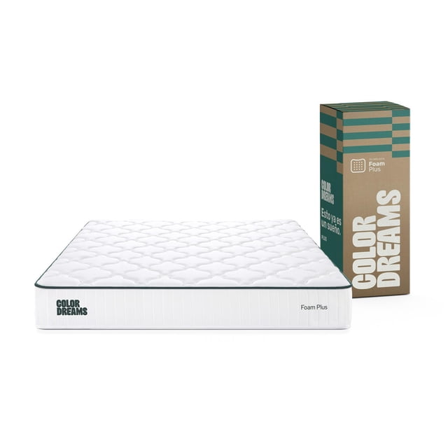 colchón king color dreams plus foam | 23 cm | firmeza media | caja | certificado — colchón king size 200x190x23 cm, vista frontal centrada; superficie blanca acolchada con patrón de rombos y ribete verde, canto con pespuntes y etiqueta ColorDreams y Foam Plus visible; caja de envío a la derecha. Foam Plus multicapa con memory foam con gel y espuma de alta densidad para firmeza media que reduce transferencia de movimiento; cubierta transpirable, soporta 2 personas hasta 130 kg cada una; certificaciones OEKO-TEX y CertiPUR-US.