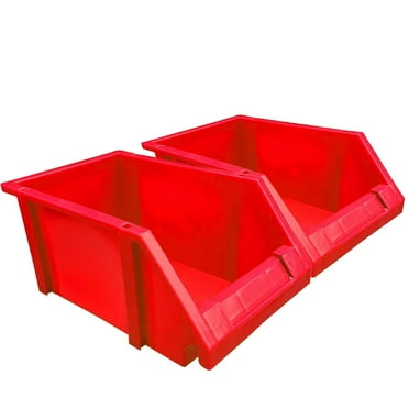 Red Plastic Hanging Tool Bins - Set of 2 Stackable Organizers for Garage & Workshop Storage Solutions (Size: 13.5 x 7.8 x 5.5 Inch)