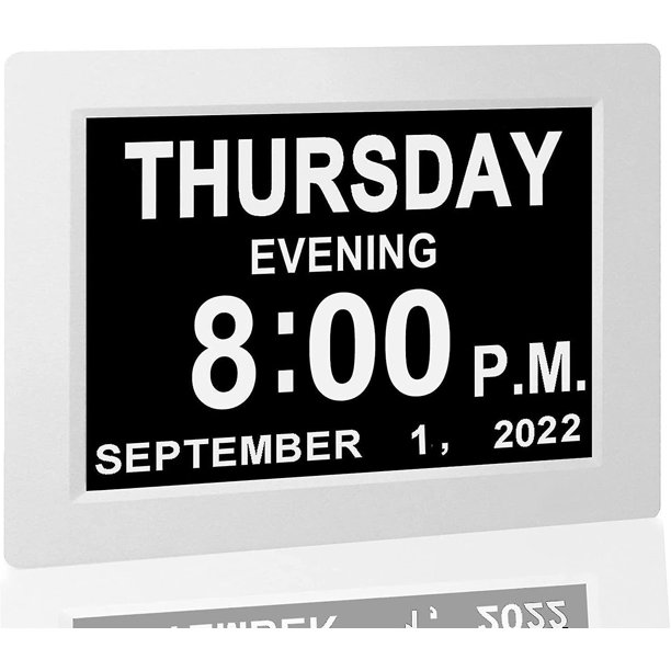 Reloj despertador con calendario digital, con pantalla grande de 8", am pm, 5 alarmas, para personas extragrandes con problemas de visión, personas mayores, dementi