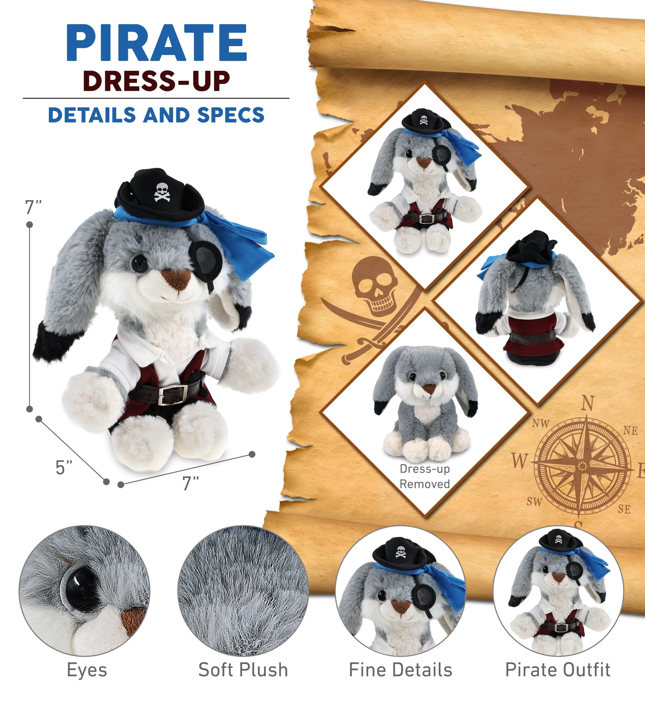 DolliBu Grey Rabbit Stuffed Animal With Pirate Dress Up Set - Sea Adventure Plush Toy Stuffed rabbit with Cute Pirate Costume - Hat, Shirt, Pants, Eye Patch, Belt - 7 Inches