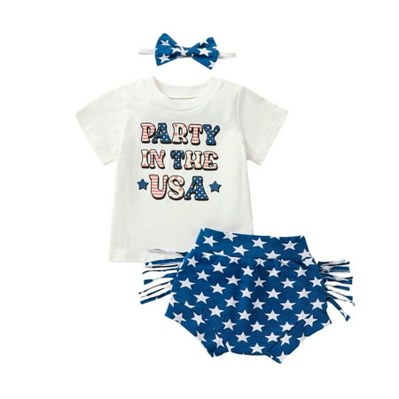 

Baby Girl 4th of July Outfits Short Sleeve Letter Tops + Tassel Shorts + Headband Set 0-24 Months