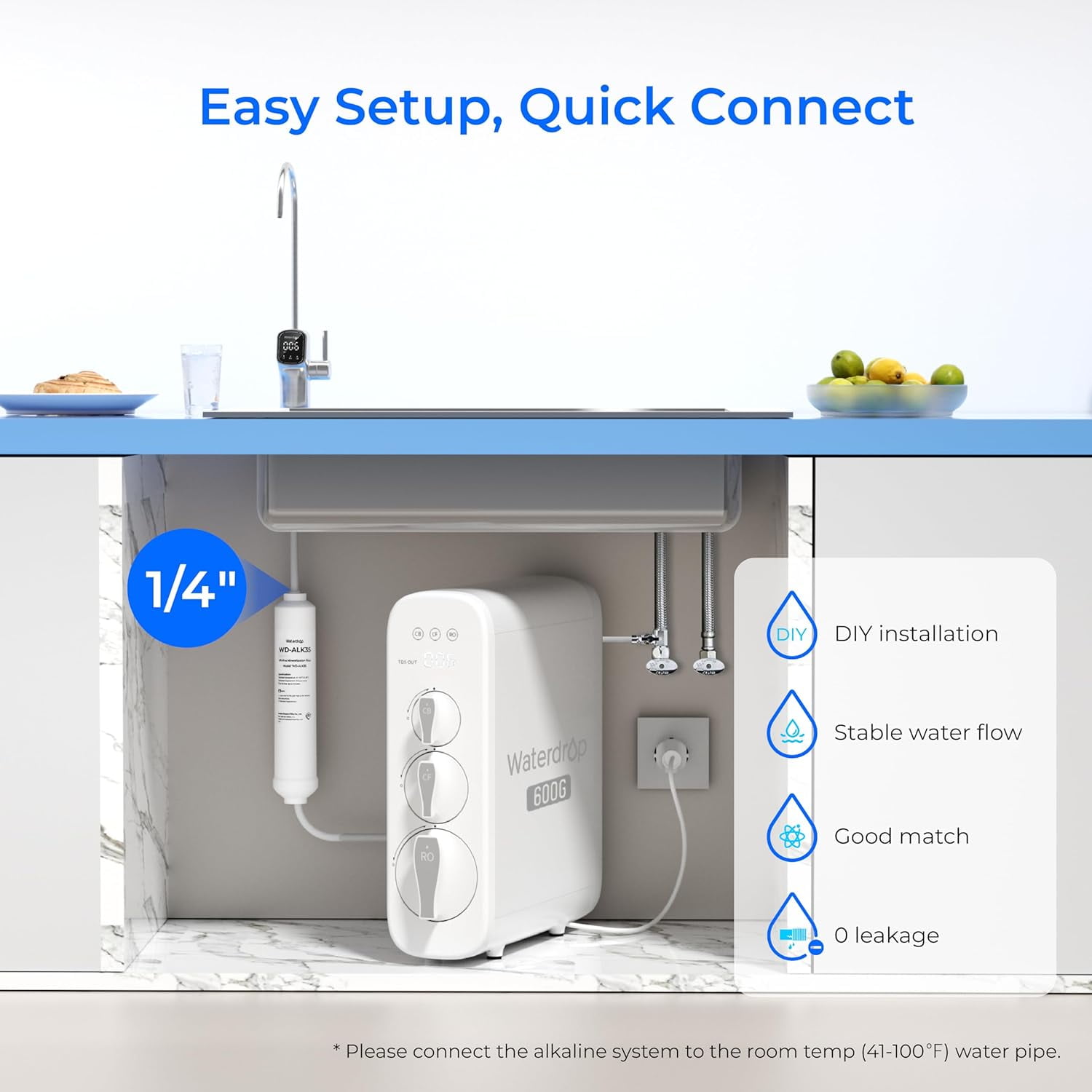 Waterdrop Alkaline Water Filter WD-ALK35, Alkaline Filter for Reverse Osmosis System, pH Balance and Restore Minerals for RO Alkaline Filter, Under Sink Water Filter, 1/4" Quick Connect