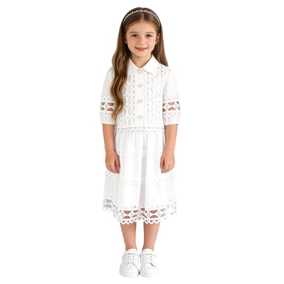 xaoyunyn 2 Piece Hollow Out Outfit for Girls Summer Short Sleeve Button down Lapel Top Mid Long Dress Set