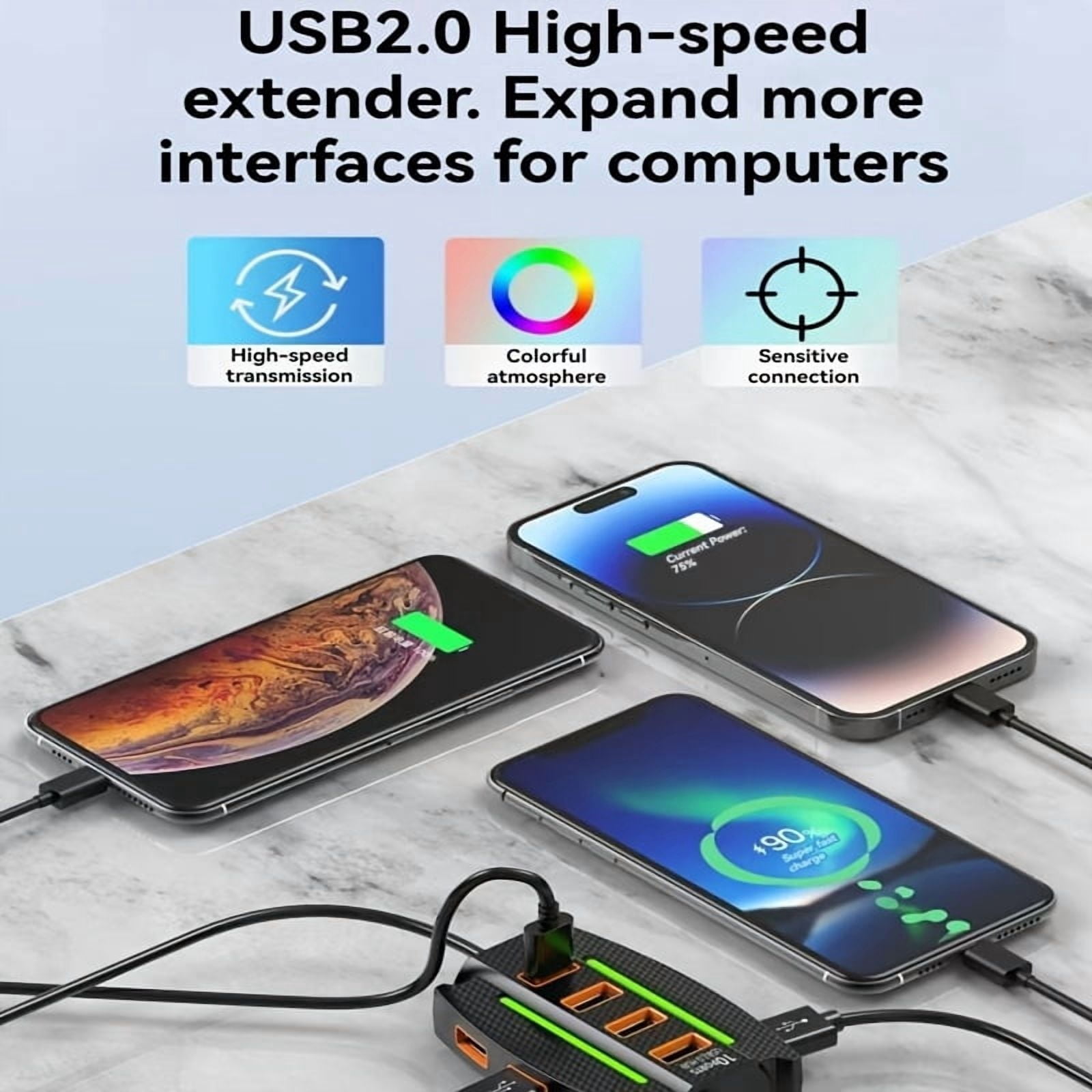 10-Port USB 2.0 Hub with Power Adapter, Multi-Device Charging & Data Expansion for PC, Laptop, Smart Devices | Home Office Use | Durable Modern Design