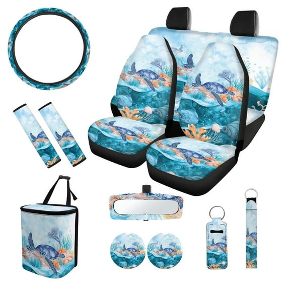 XYZCANDO Turtle Ocean Style Design Car Seat Cover Steering Wheel Cover Car Trash Can Seat Belt Cover Keychain Lipstick Cover Center Mirror Cover Coasters Auto Interior Protector Personalized