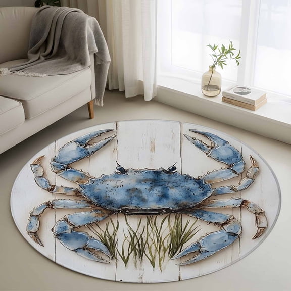 Blue Crab Coastal Round Rug 3ft Washable Circle Entryway Rugs Non Slip Vintage Beach Nautical Coral Sea Area Rug Indoor Floor Carpet for Bedroom Kitchen Living Room Home Office Dining Room Nursery