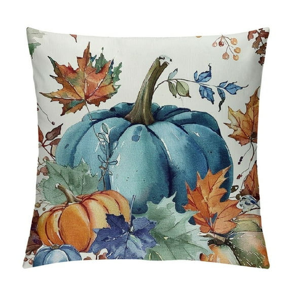 JRXY Fall Pillow Covers Blue and Green Watercolor Pumpkin Fallen Leaves Decorative Throw Pillow Covers Autumn Thanksgiving Farmhouse Decoration for Home Couch 12x12in