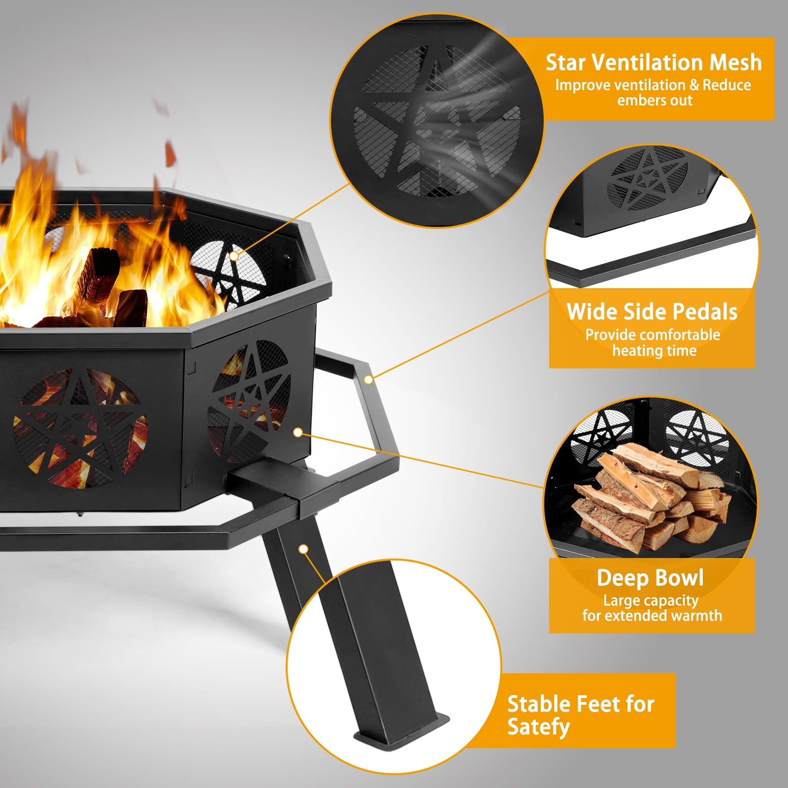 35" Fire Pit for Patio, HexShaped Steel Fire Pit with Flame-Retardant Lid, Outdoor Metal Fire Pit with Storage Shelf, Multifunctional Heater/Grill/Ice Pit for Backyard Patio Garden BBQ Grill, S7645