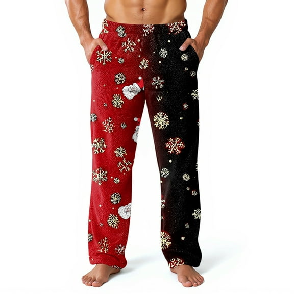 Fabrcox Christmas S-3xl Loose Fit Men's Flannel Pj Bottoms Thick Warm Wide Leg Christmas Snowflake Santa Claus Mid Rise Casual Elastic Waist Christmas Pajama Pants Black S