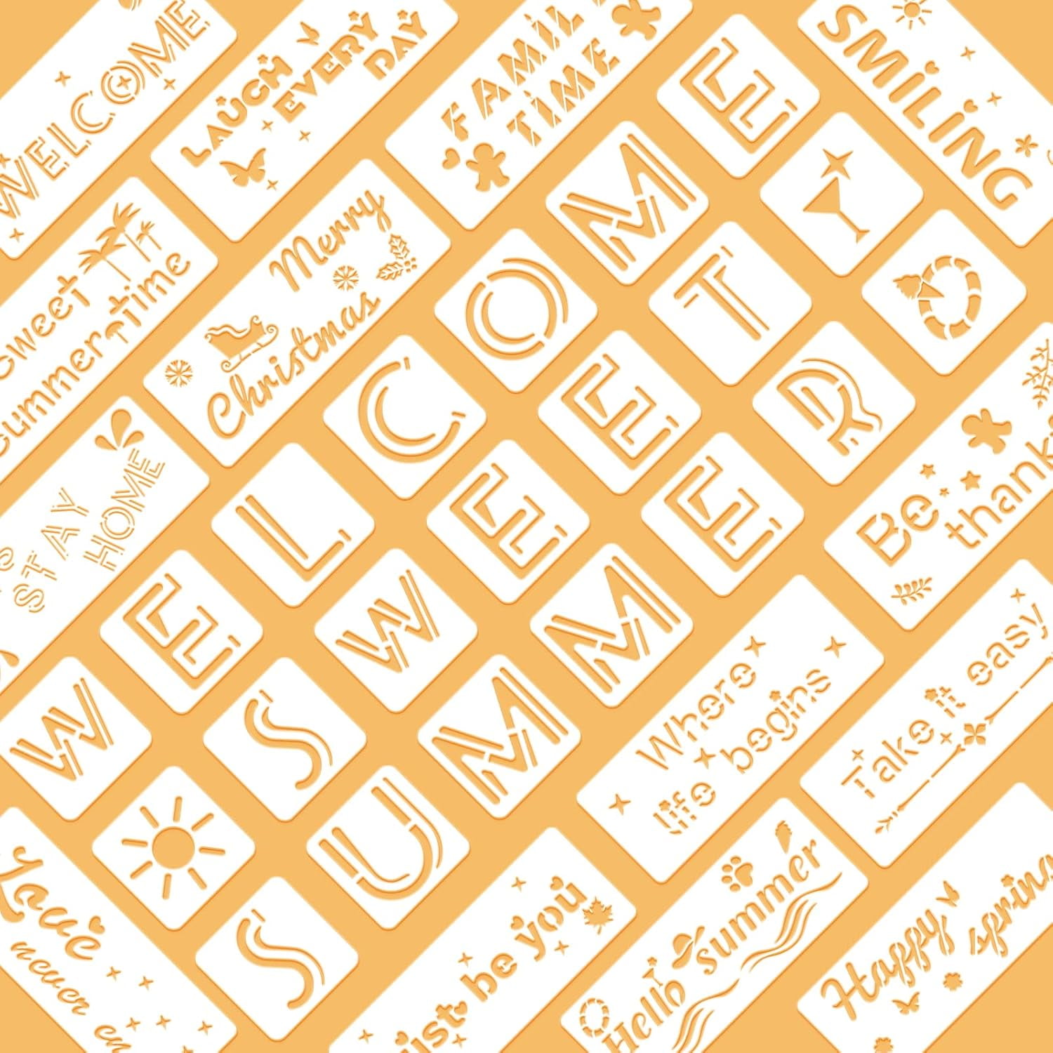 35Pcs Welcome Sweet Summer Slogans Pattern Stencils for Painting Inspirational Word Stencils Reusable Letter for Painting on Wood Scrabooking Cardmaking Mixed Color
