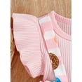thumbnail image 5 of Cenuakty Baby Girls Outfits Set Fake Two Piece Suspender Bowknot Patchwork Donut/Flower Printed Ruffle Triangle Romper with Headband, 5 of 9