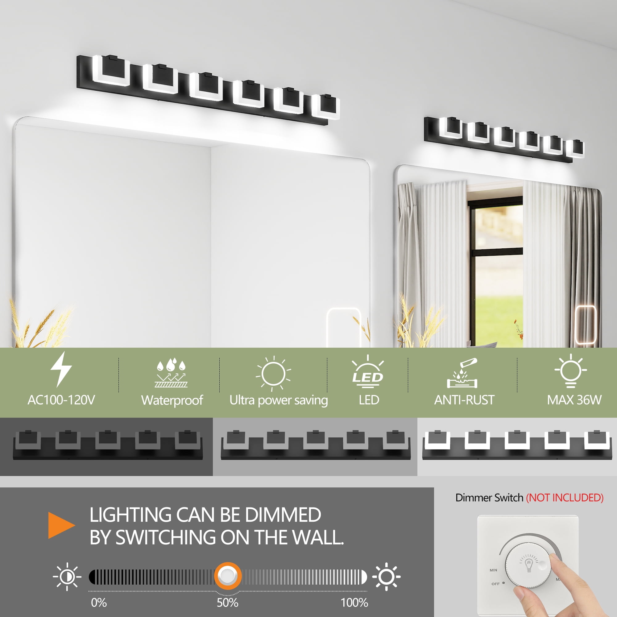 6 Lights Modern Black Vanity Light Up and Down, 45.7 in Black LED Vanity Light Fixtures Bathroom Wall Light Over Mirror 6000K