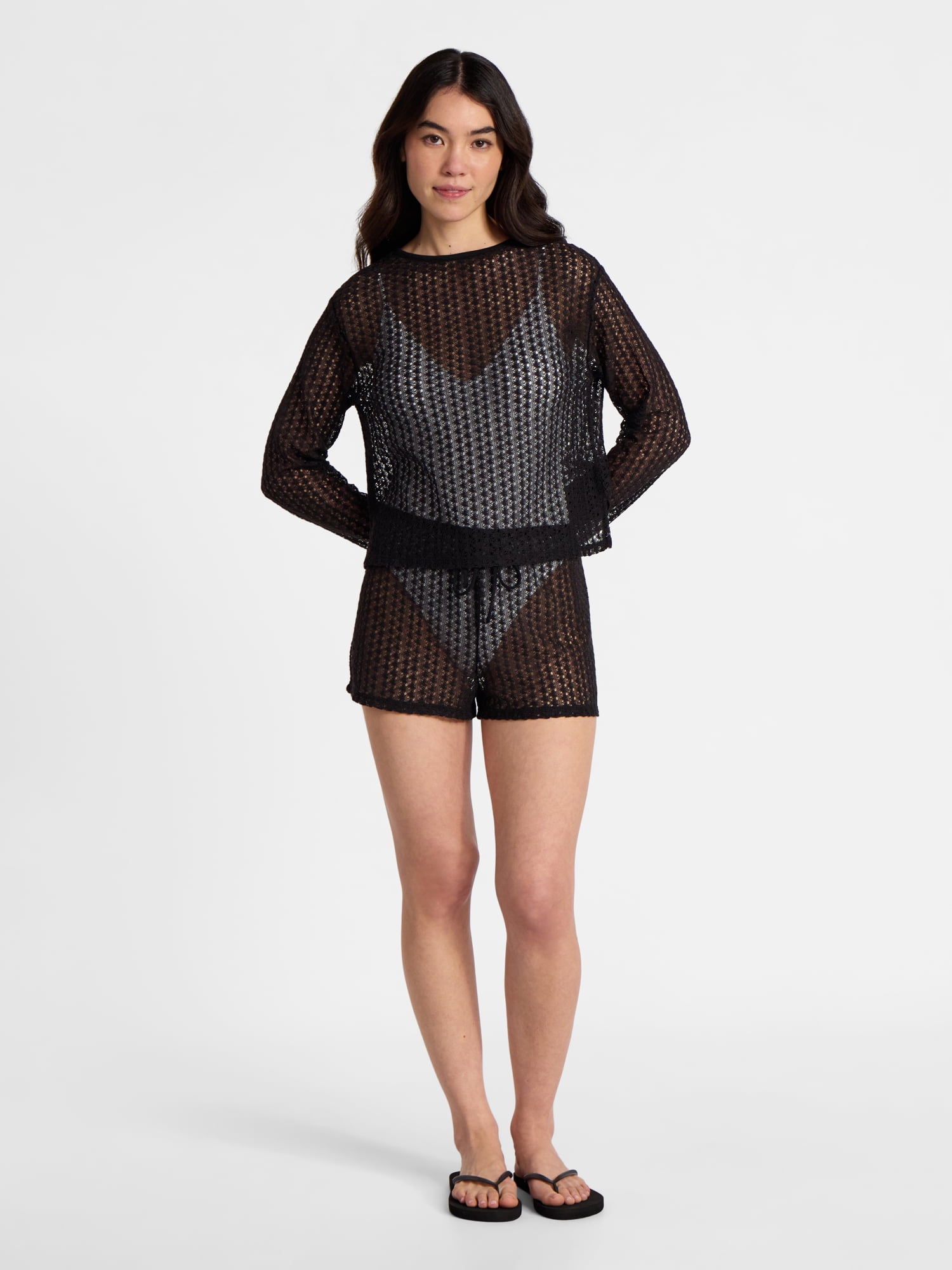 No Boundaries High-Low Crochet Swim Coverup with Long Sleeves, Women's